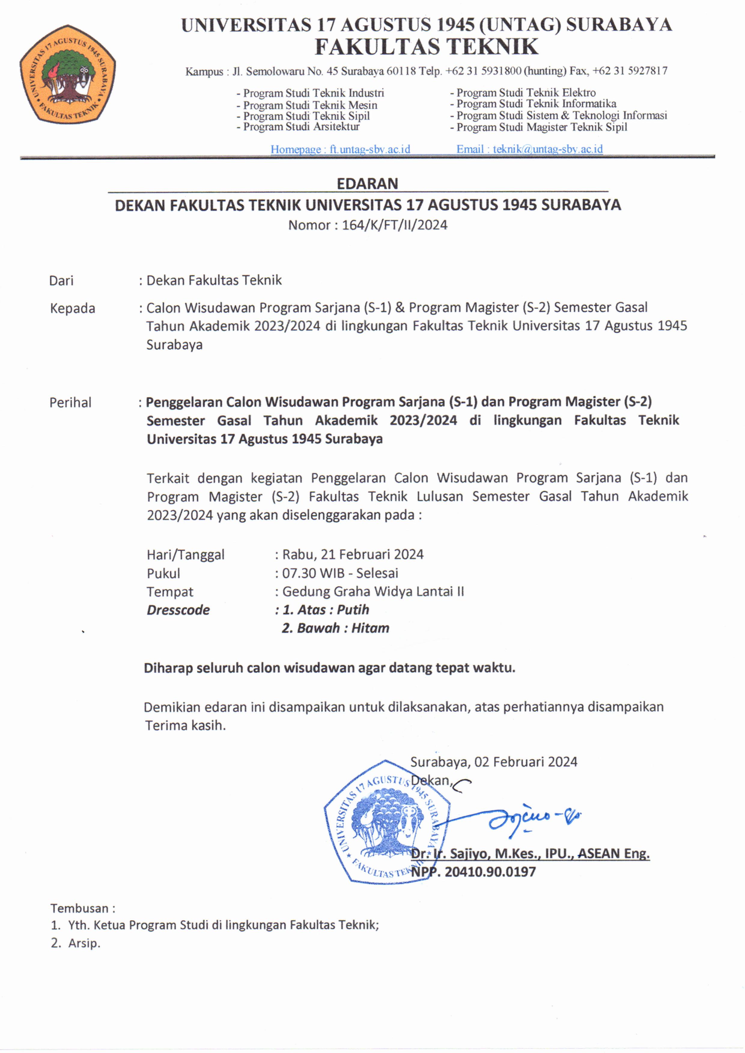 EDARAN DEKAN TENTANG PELAKSANAAN PENGGELARAN FAKULTAS TEKNIK SEMESTER GASAL 2023/2024