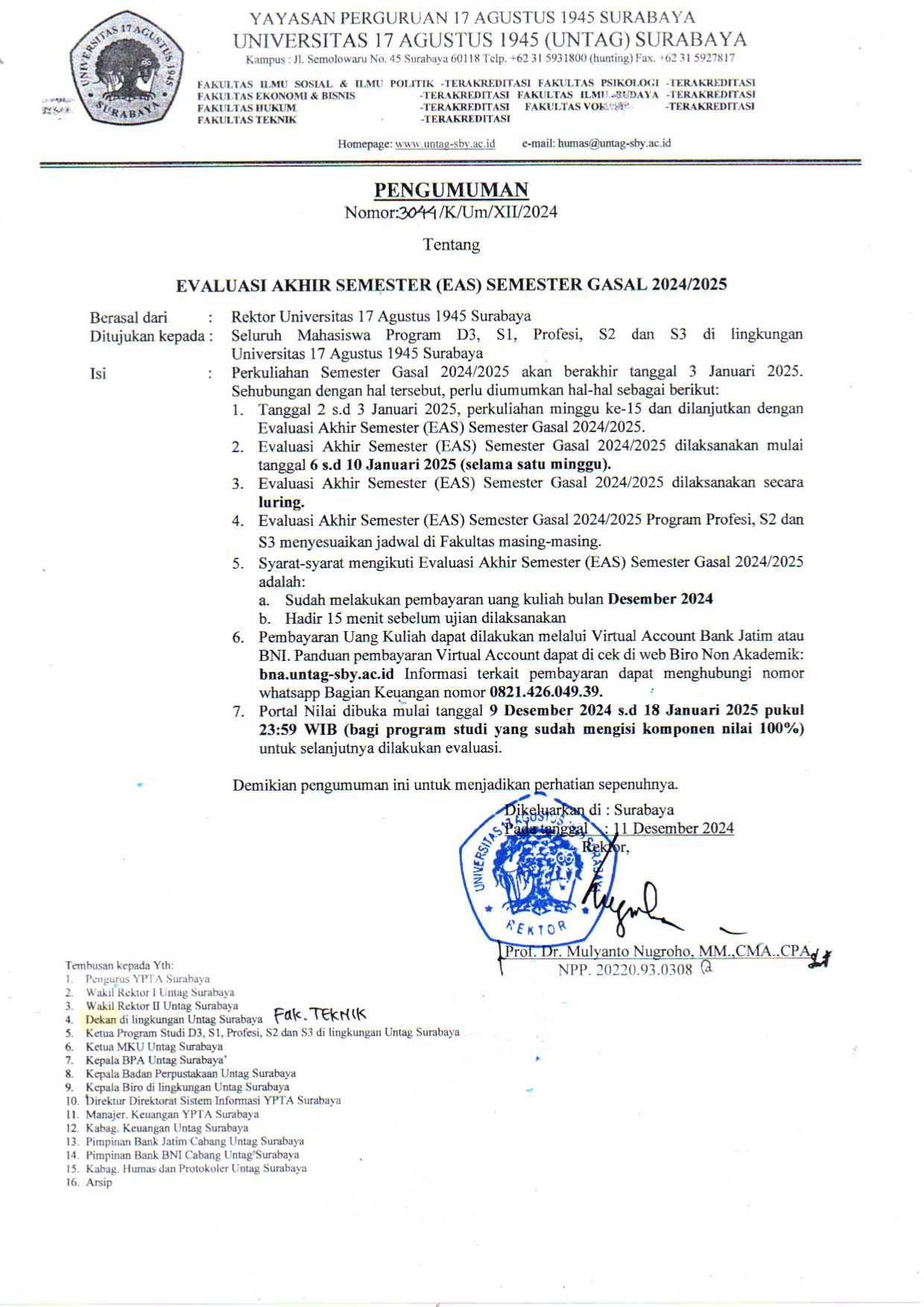 PENGUMUMAN REKTOR TENTANG EVALUASI AKHIR SEMESTER GASAL 2024/2025