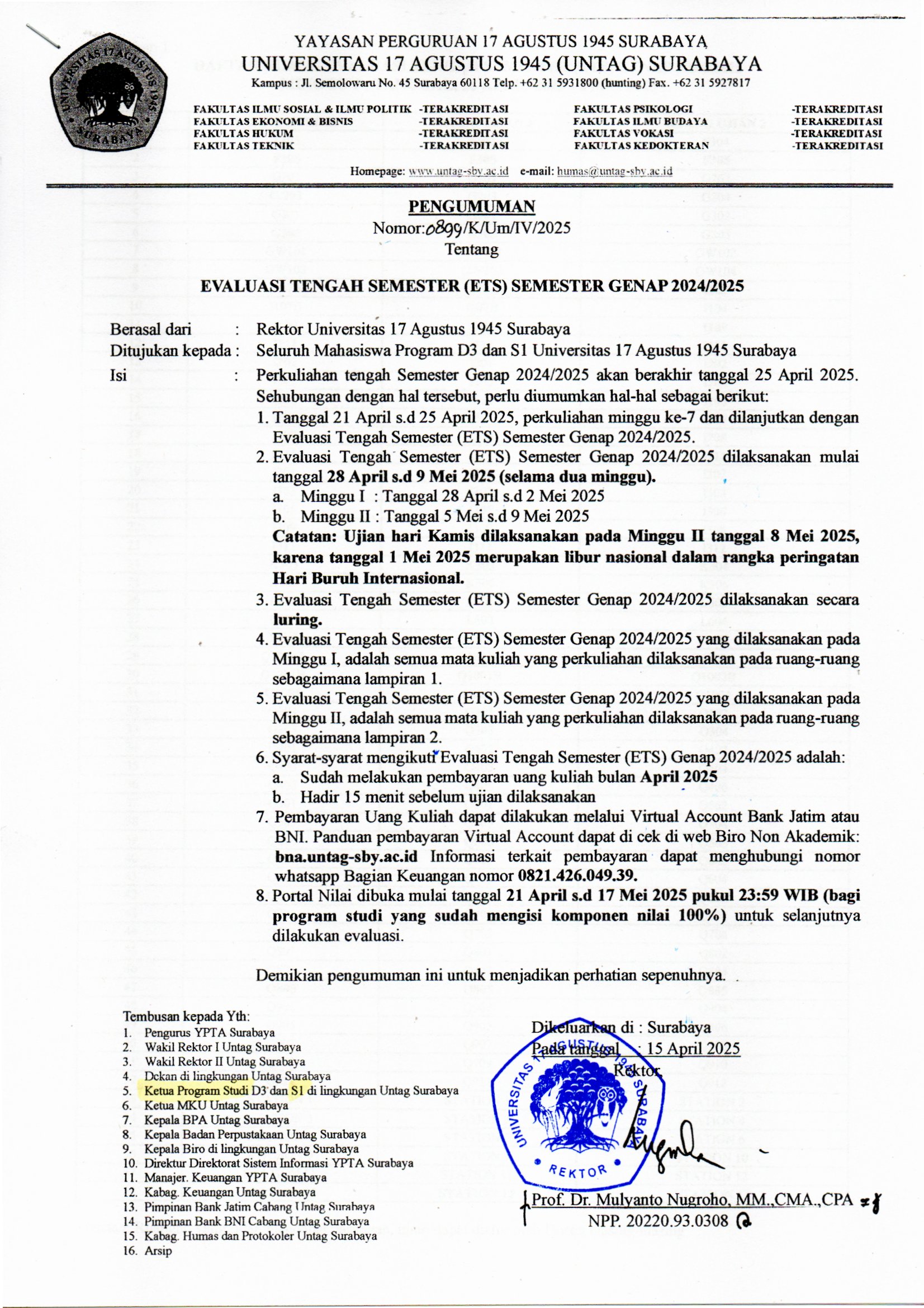 PENGUMUMAN REKTOR TENTANG EVALUASI TENGAH SEMESTER GENAP 2024/2025