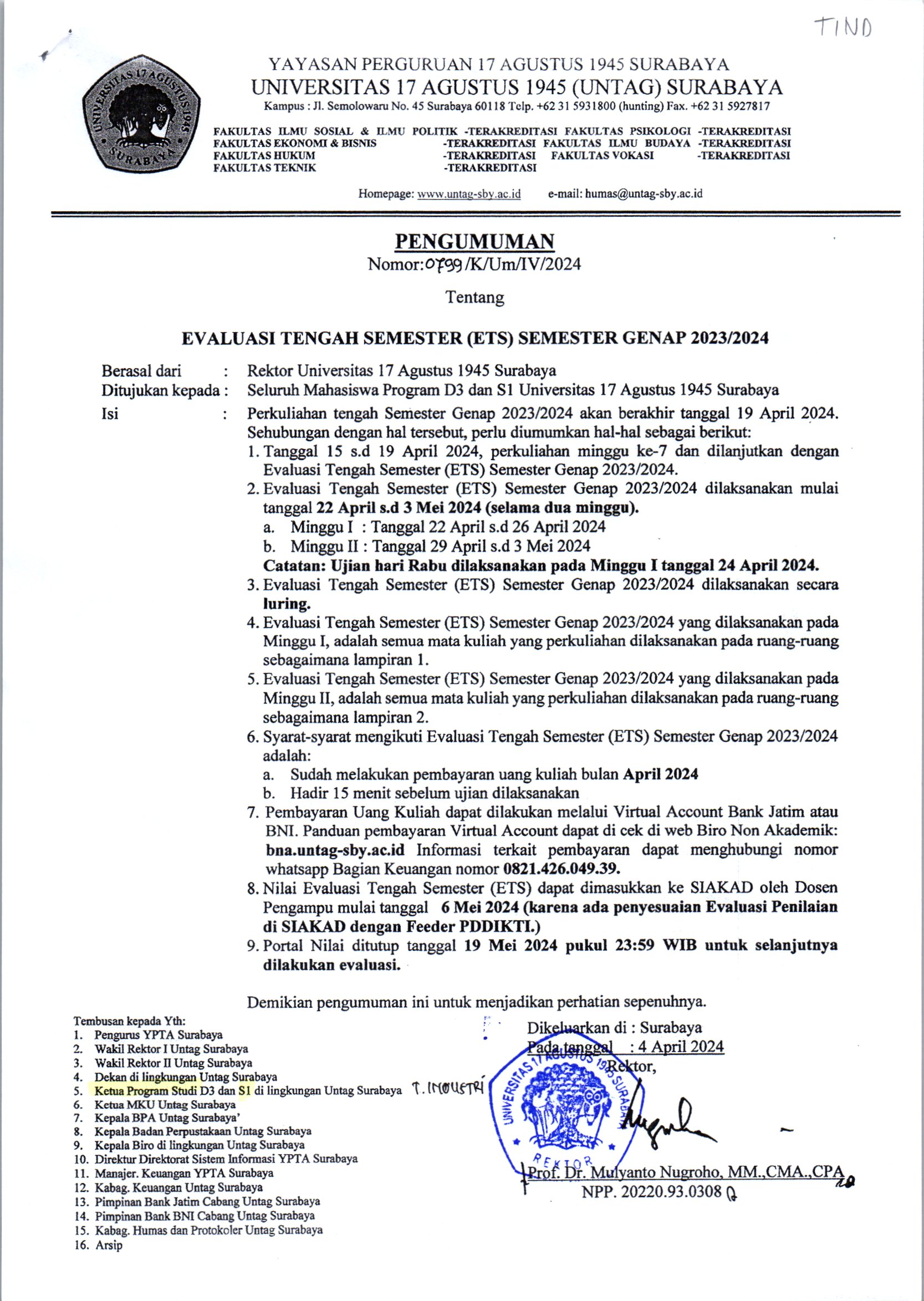 PENGUMUMAN REKTOR TENTANG EVALUASI TENGAH SEMESTER (ETS) SEMESTER GENAP 2023/2024