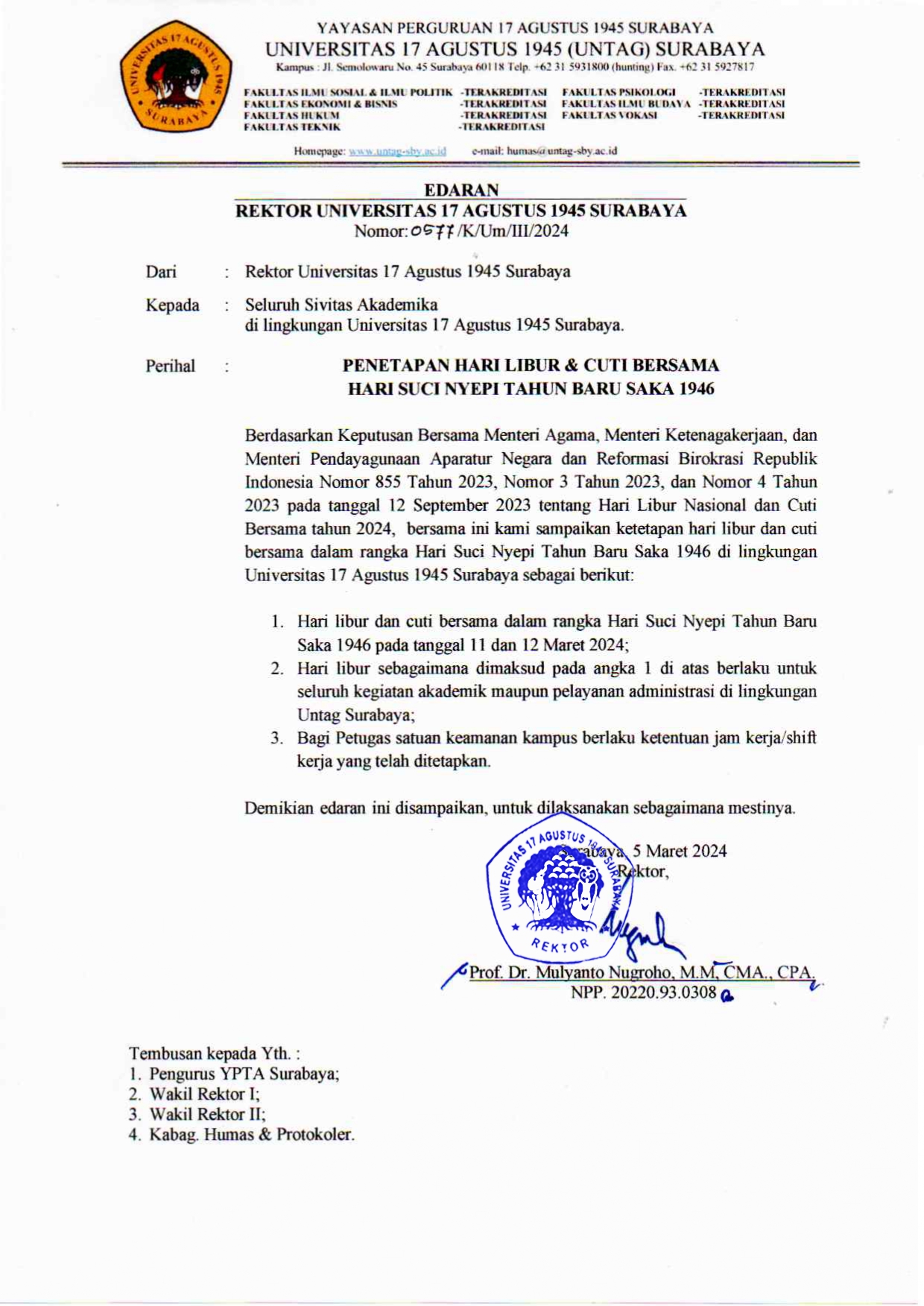 EDARAN REKTOR TENTANG PENETAPAN HARI LIBUR & CUTI BERSAMA HARI SUCI NYEPI TAHUN BARU SAKA 1946