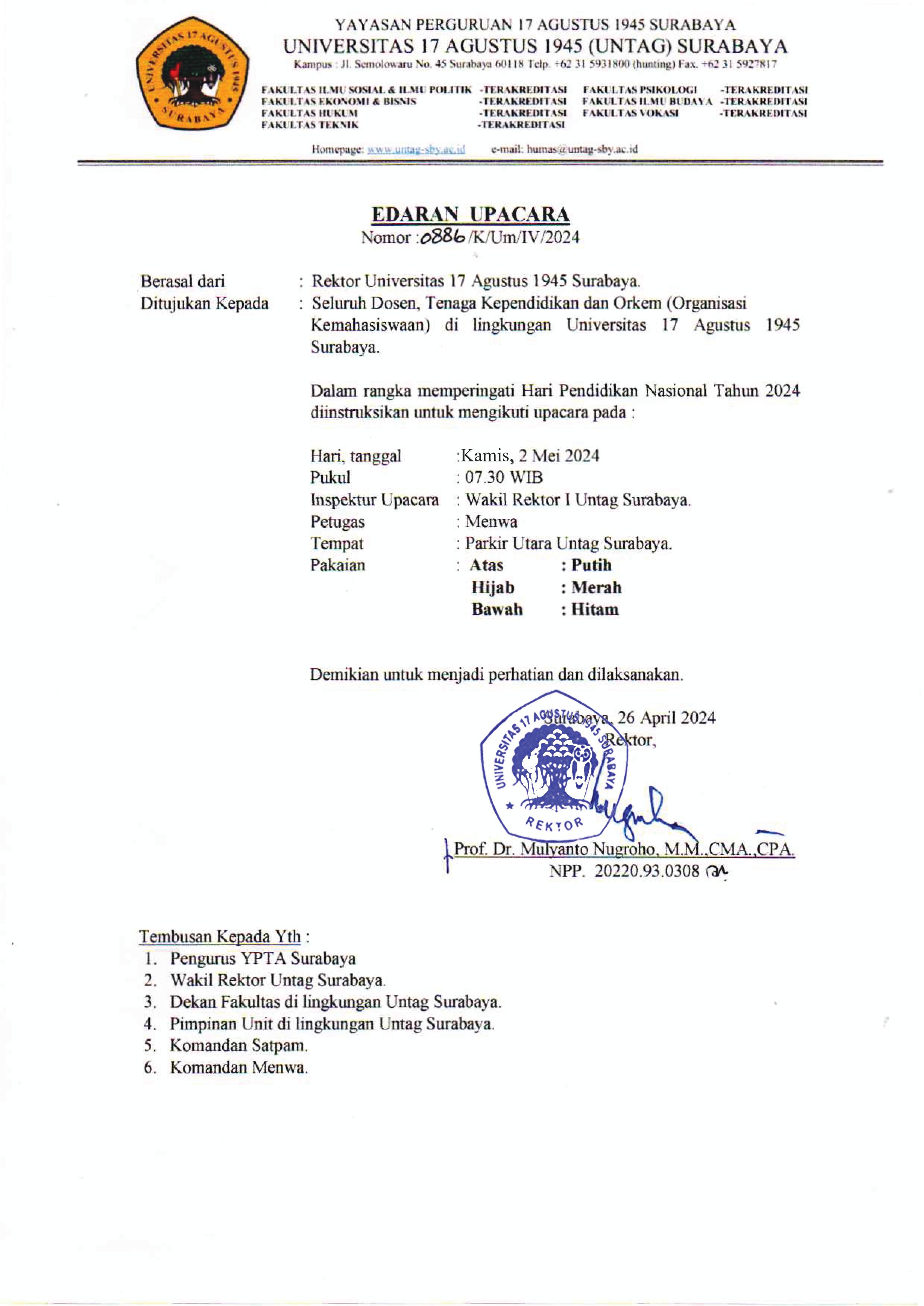 EDARAN REKTOR TENTANG PELAKSANAAN UPACARA DALAM RANGKA MEMPERINGATI HARDIKNAS TAHUN 2024