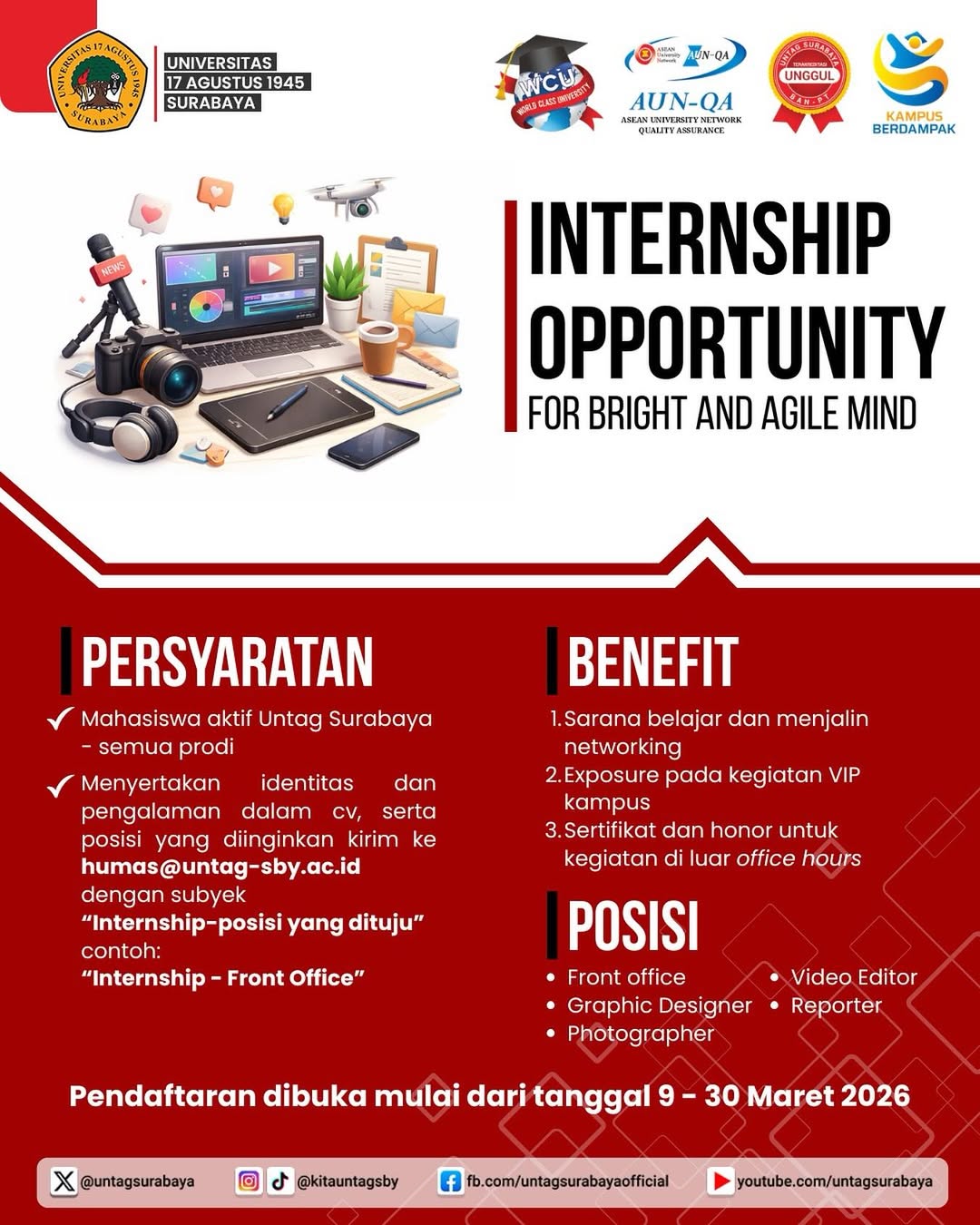 HUMAS DAN PROTOKOLER UNTAG SURABAYA MEMBUKA INTERNSHIP OPPORTUNITY
