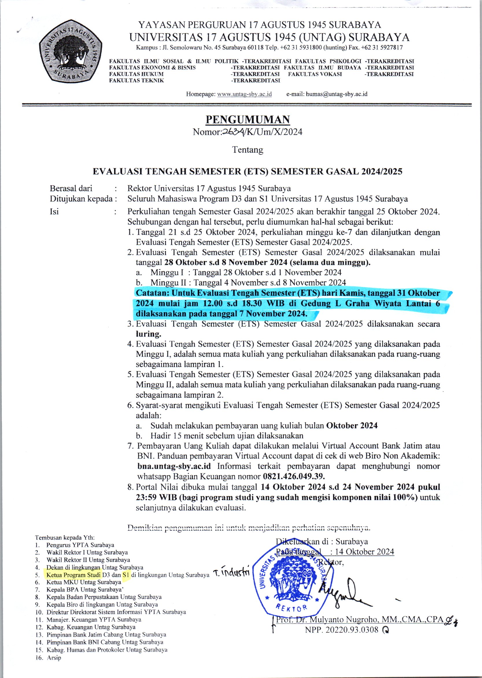 PENGUMUMAN REKTOR TENTANG EVALUASI TENGAH SEMESTER GASAL 2024/2025