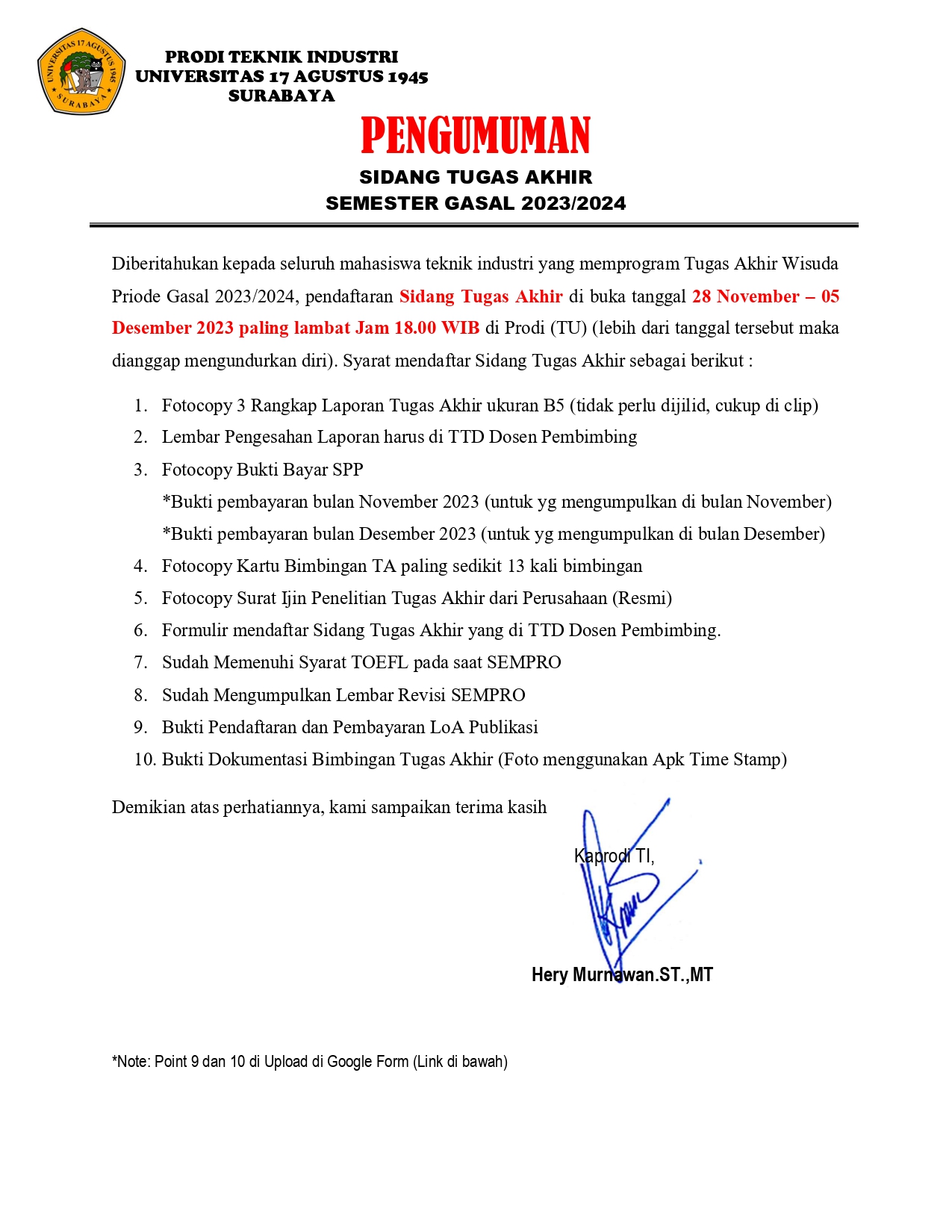 SYARAT PENDAFTARAN SIDANG TUGAS AKHIR SEMESTER GASAL 2023/2024