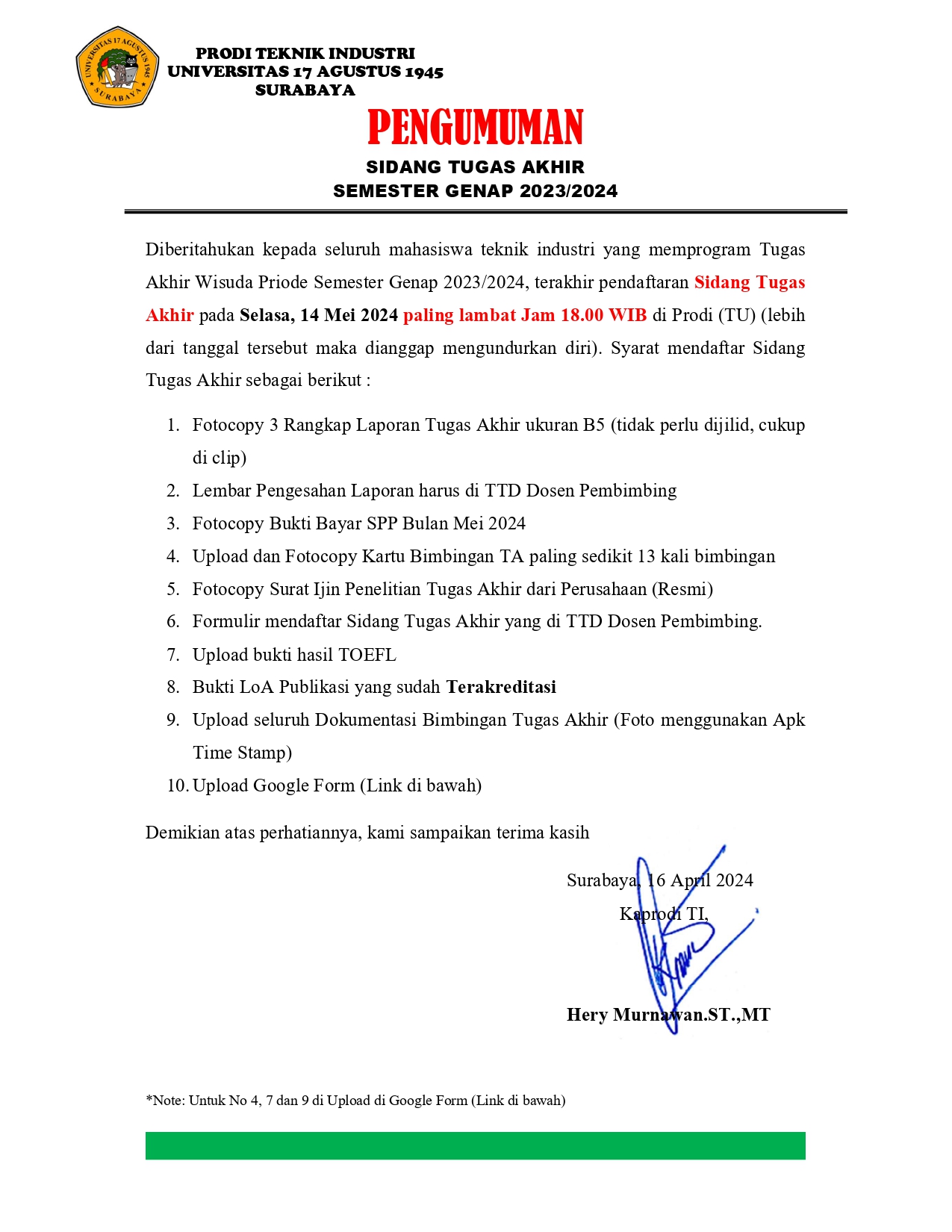 SYARAT PENDAFTARAN SIDANG TUGAS AKHIR PRIODE SEMESTER GENAP 2023/2024