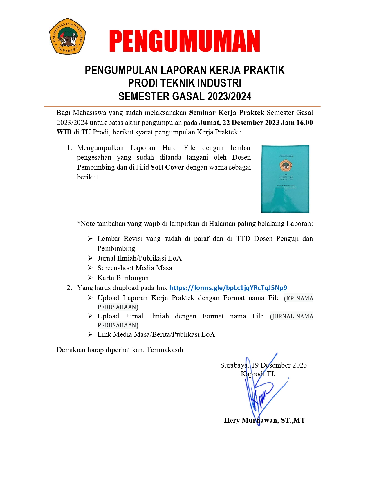 PENGUMUMAN PENGUMPULAN KERJA PRAKTEK SEMESTER GASAL 2023/2024