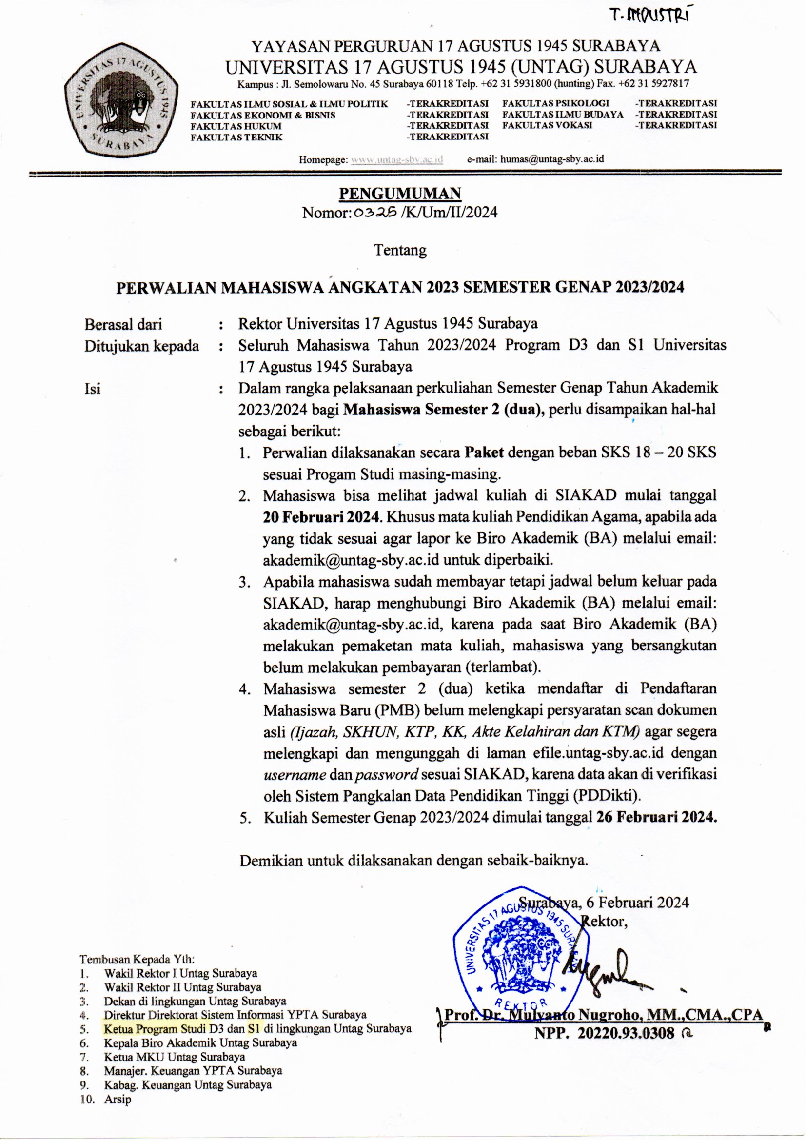 PENGUMUMAN REKTOR TENTANG PERWALIAN MAHASISWA ANGKATAN 2023