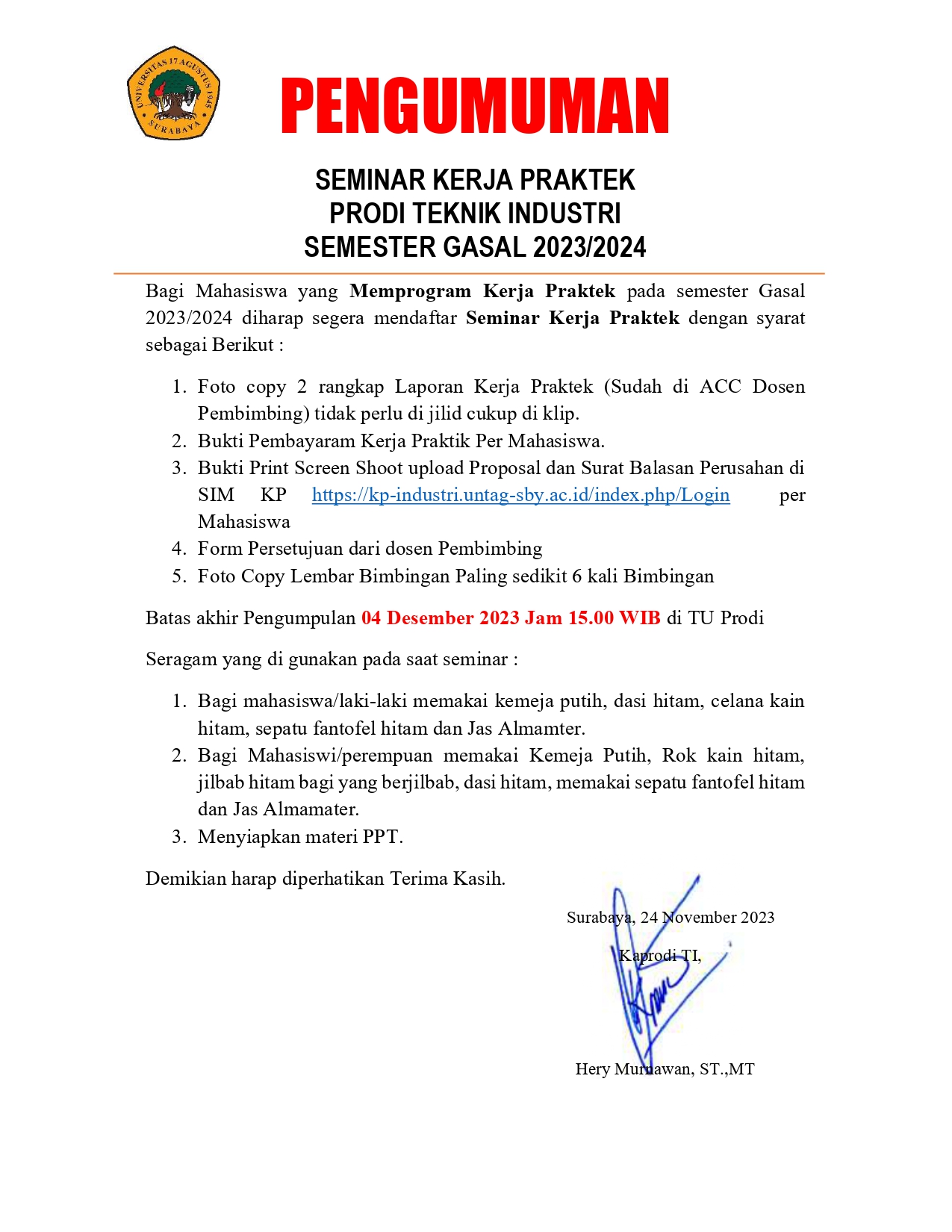 PENGUMUMAN SEMINAR KERJA PRAKTEK SEMESTER GASAL 2023/2024