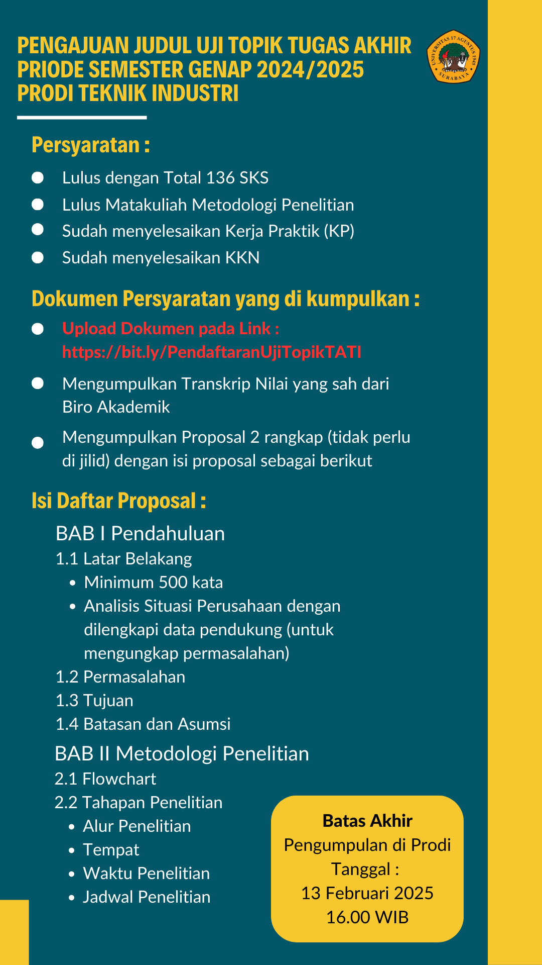 SYARAT PENDAFTARAN UJI TOPIK TUGAS AKHIR PRIODE SEMESTER GENAP 2024/2025