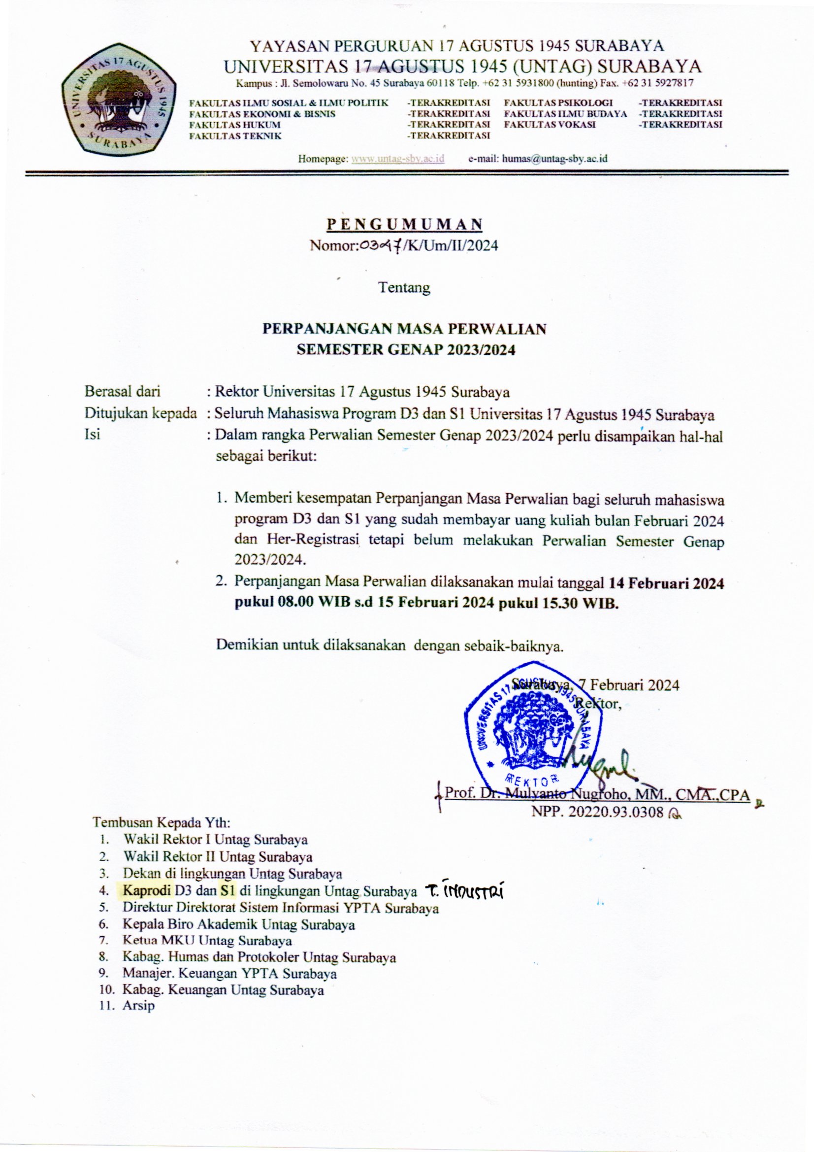 PERPANJANGAN MASA PERWALIAN SEMESTER GENAP 2023/2024