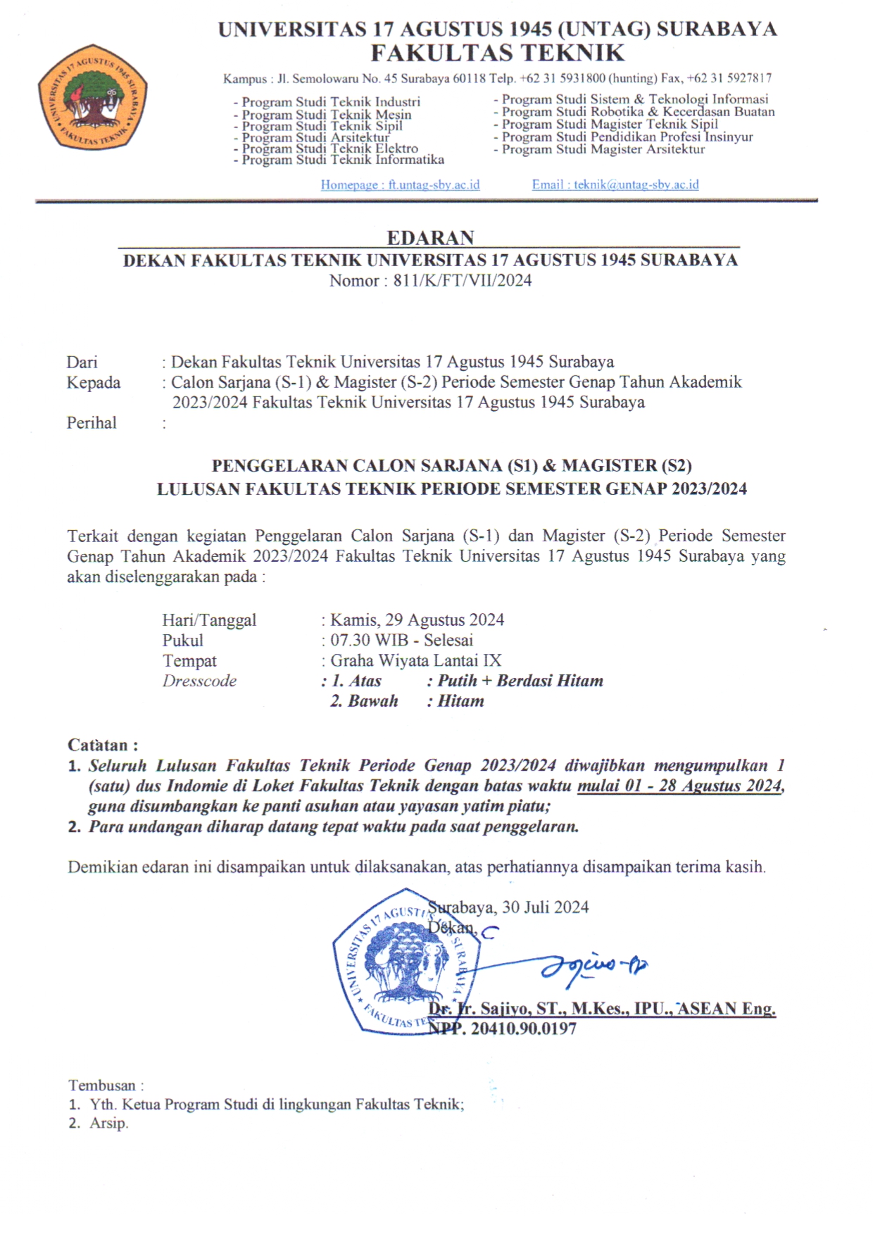 EDARAN DEKAN FAKULTAS TEKNIK TENTANG PELAKSANAAN PENGGELARAN FAKULTAS TEKNIK SEMESTER GENAP 2023/2024