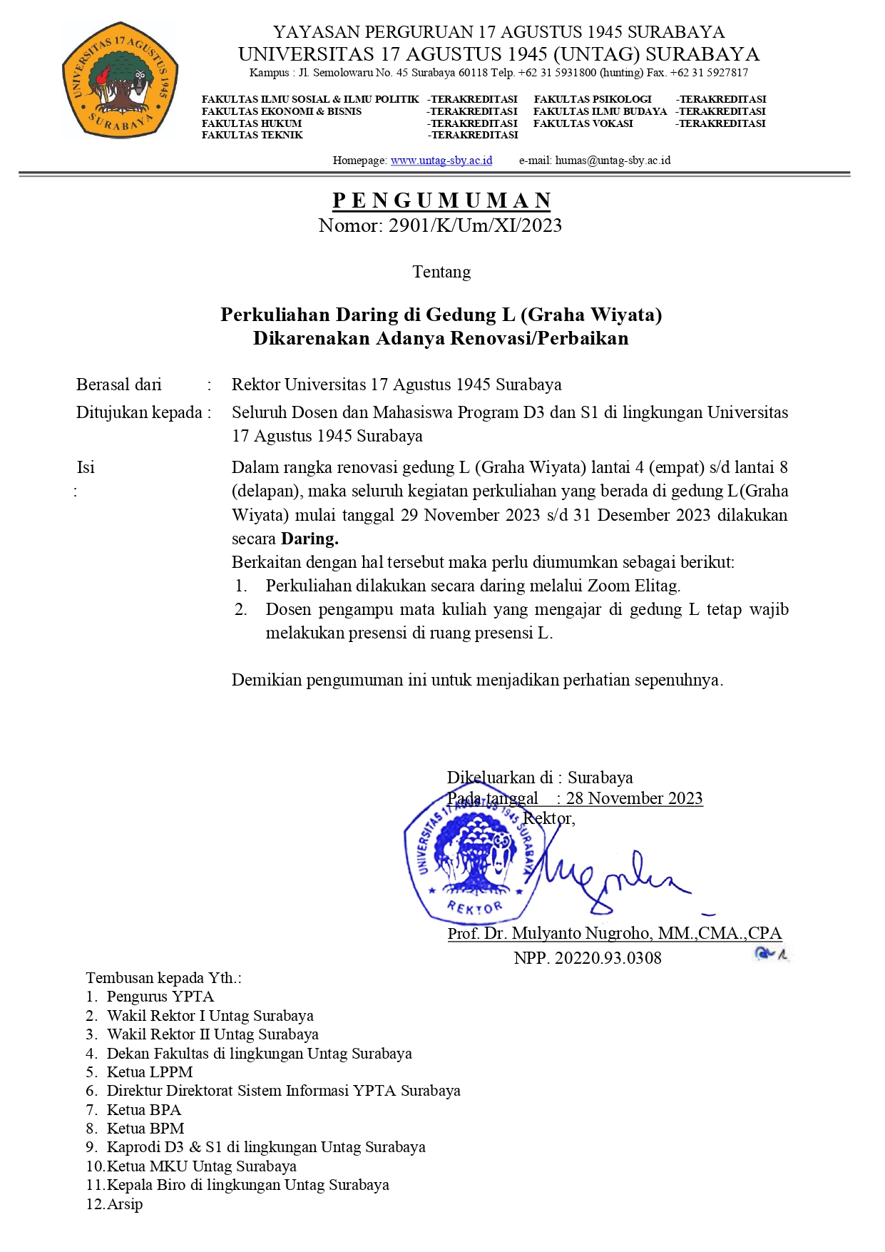 PENGUMUMAN REKTOR TENTANG PERKULIAHAN DARING DI GEDUNG L GRAHA WIYATA