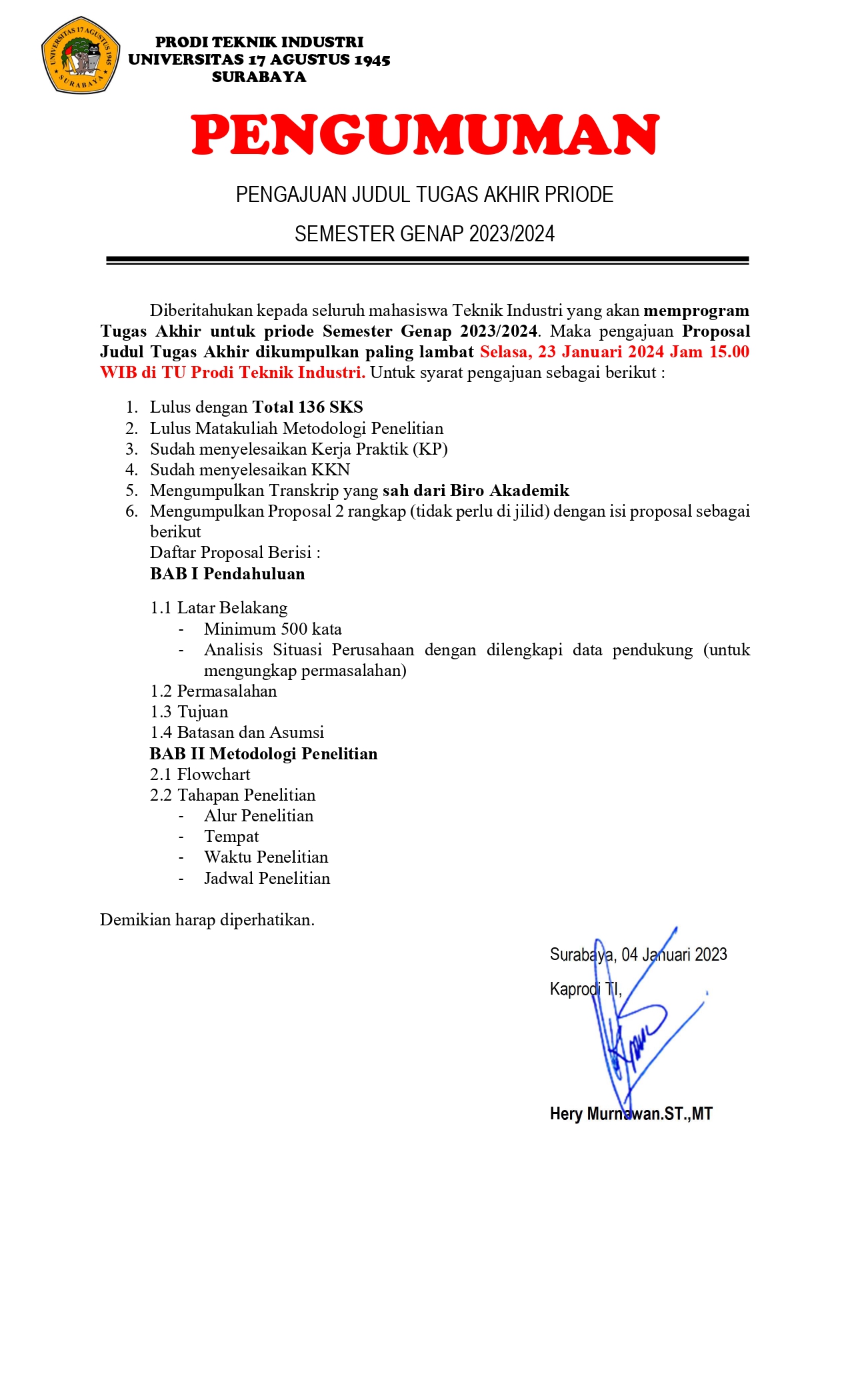 PENGUMUMAN PENDAFTARAN UJI TOPIK TUGAS AKHIR SEMESTER GENAP 2023/2024