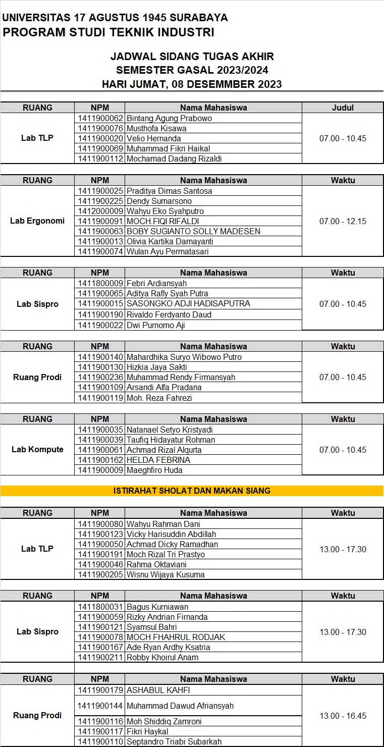 JADWAL SIDANG TUGAS AKHIR SEMESTER GASAL 2023/2024