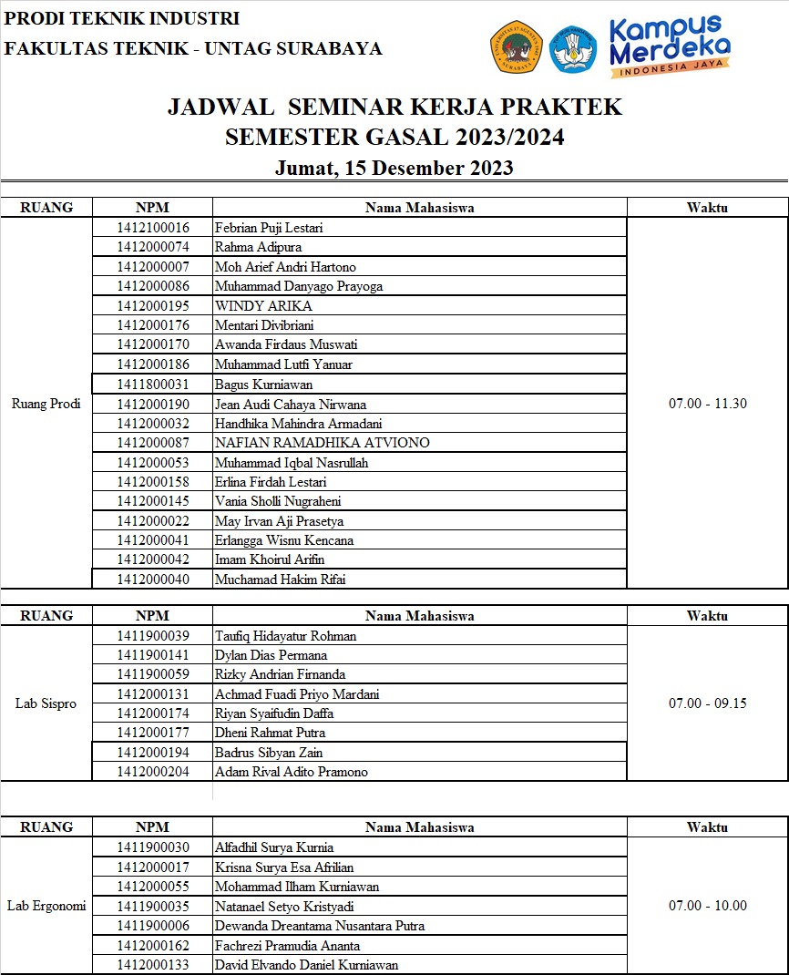 JADWAL SEMINAR KERJA PRAKTIK SEMESTER GASAL 2023/2024