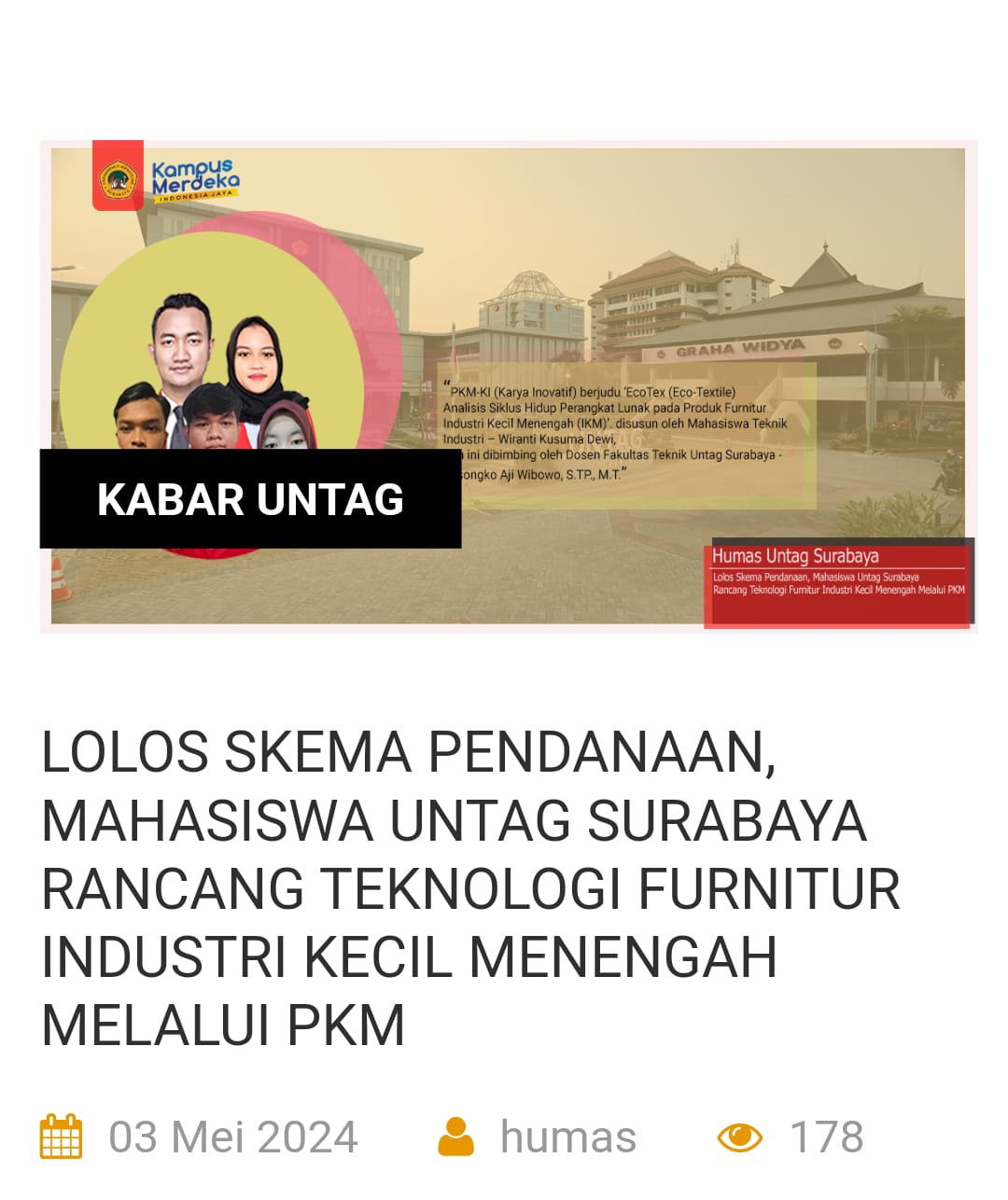 LOLOS SKEMA PENDANAAN, MAHASISWA UNTAG SURABAYA RANCANG TEKNOLOGI FURNITUR INDUSTRI KECIL MENENGAH MELALUI PKM