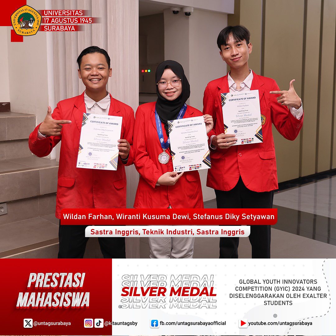TIGA MAHASISWA UNTAG SURABAYA BERHASIL MERAIH SILVER MEDAL PADA GLOBAL YOUTH INNOVATORS COMPETITION