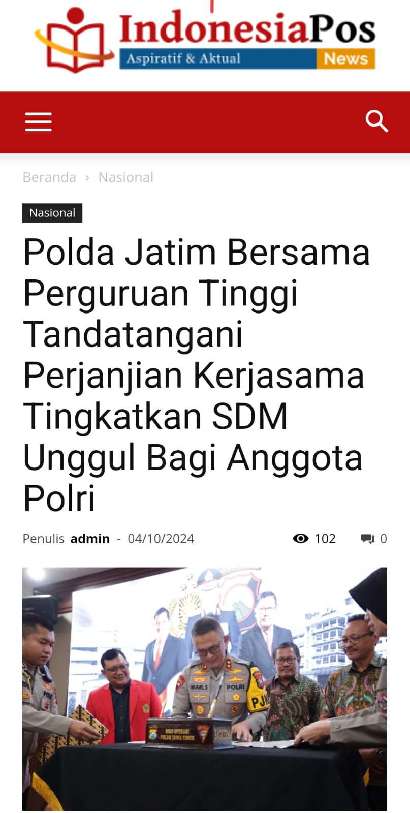 POLDA JATIM BERSAMA PERGURUAN TINGGI TANDATANGANI PERJANJIAN KERJASAMA TINGKATKAN SDM UNGGUL BAGI ANGGOTA POLRI