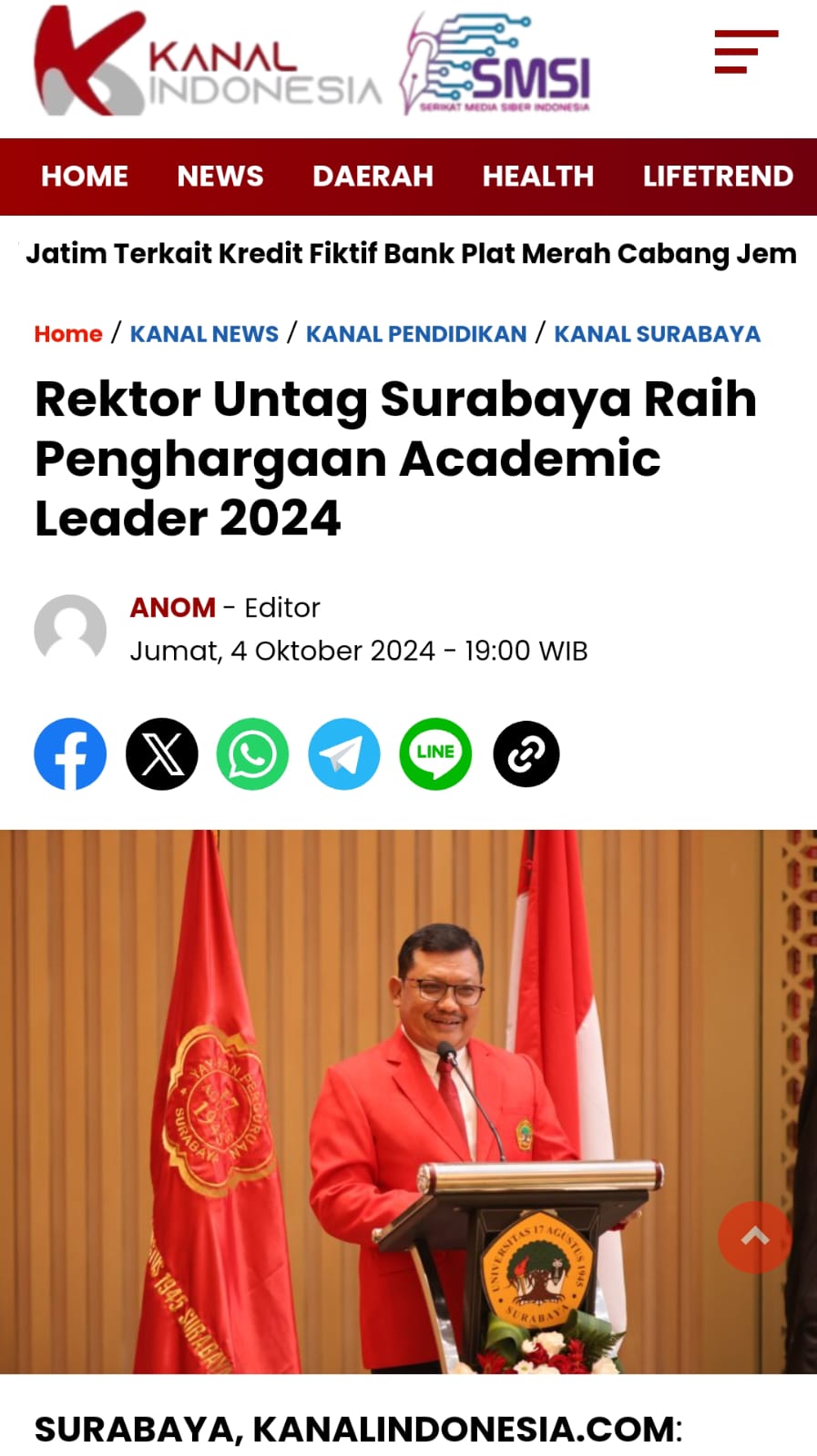 REKTOR UNTAG SURABAYA RAIH PENGHARGAAN ACADEMIC LEADER 2024