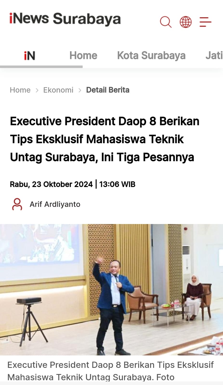 EXECUTIVE VICE PRESIDENT  KAI DAOP 8 SURABAYA BERIKAN TIPS EKSKLUSIF MAHASISWA PRODI TEKNIK INDUSTRI UNTAG SURABAYA