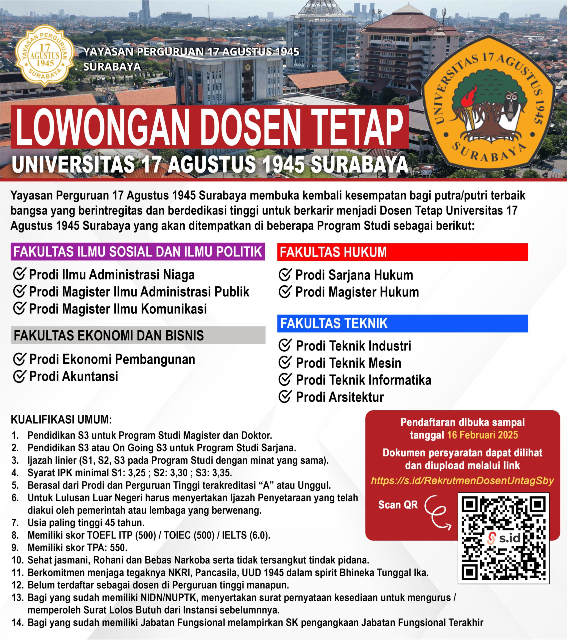 REKRUTMEN DOSEN TETAP UNIVERSITAS 17 AGUSTUS 1945 SURABAYA TAHUN 2025