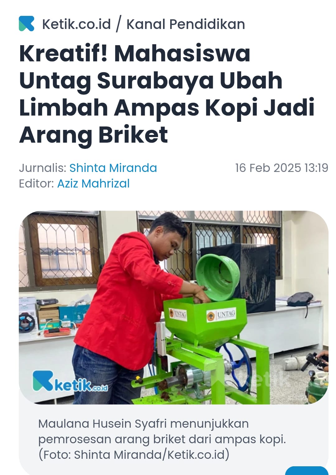 MAHASISWA UNTAG SURABAYA UBAH LIMBAH AMPAS KOPI JADI ARANG BRIKET