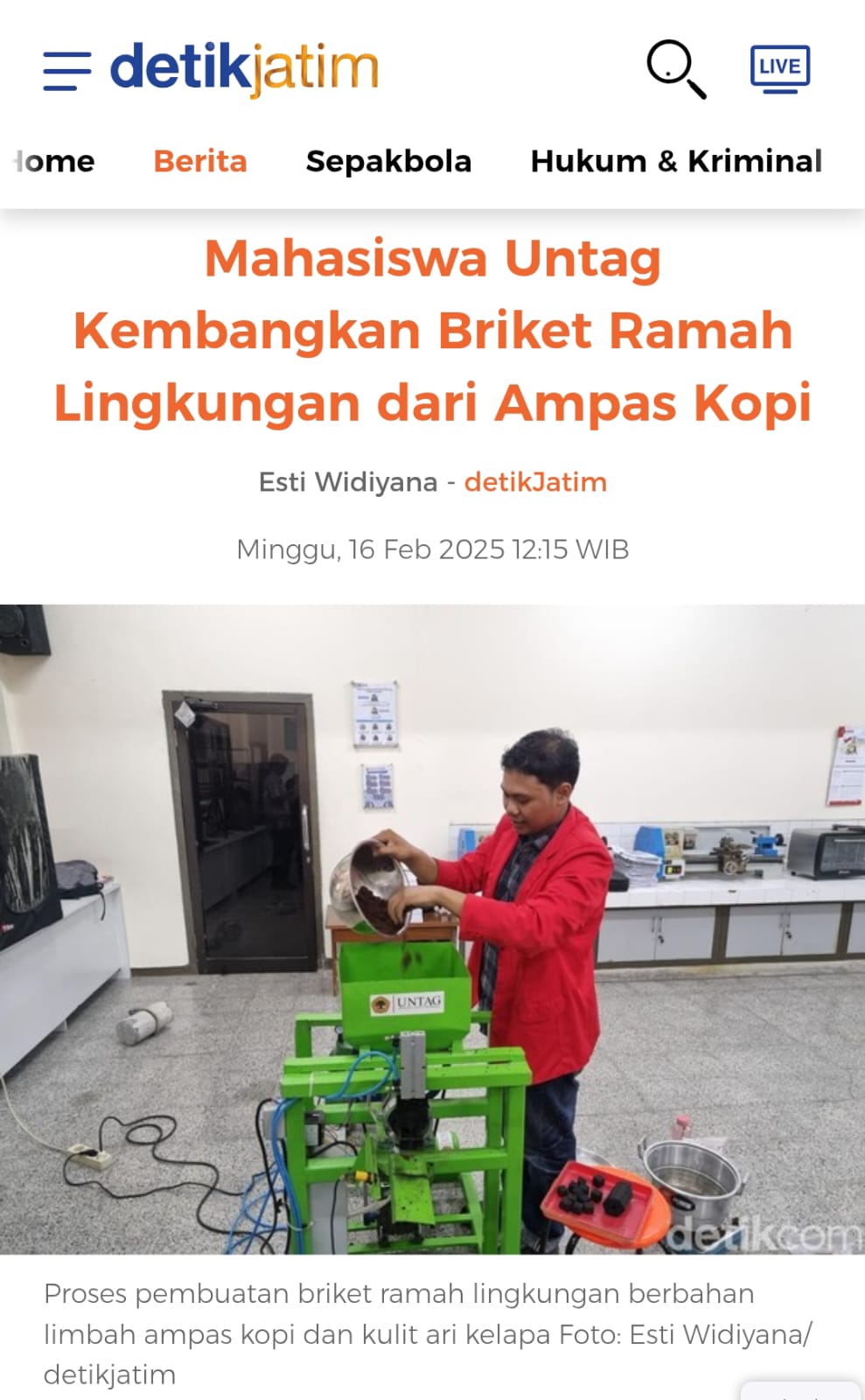 MAHASISWA UNTAG KEMBANGKAN BRIKET RAMAH LINGKUNGAN DARI AMPAS KOPI