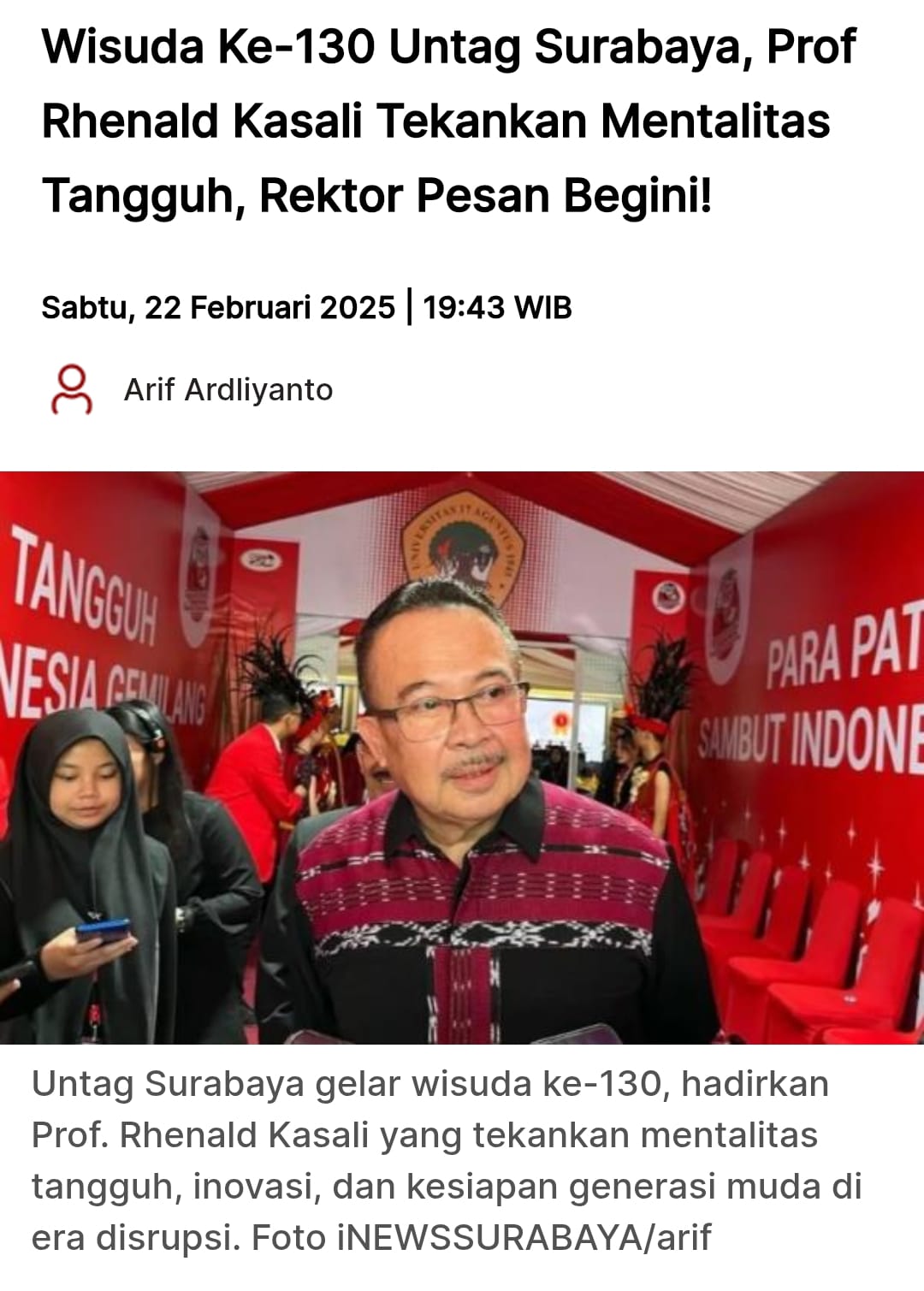 Wisuda Ke-130 Untag Surabaya, Prof Rhenald Kasali Tekankan Mentalitas Tangguh, Rektor Pesan Begini!