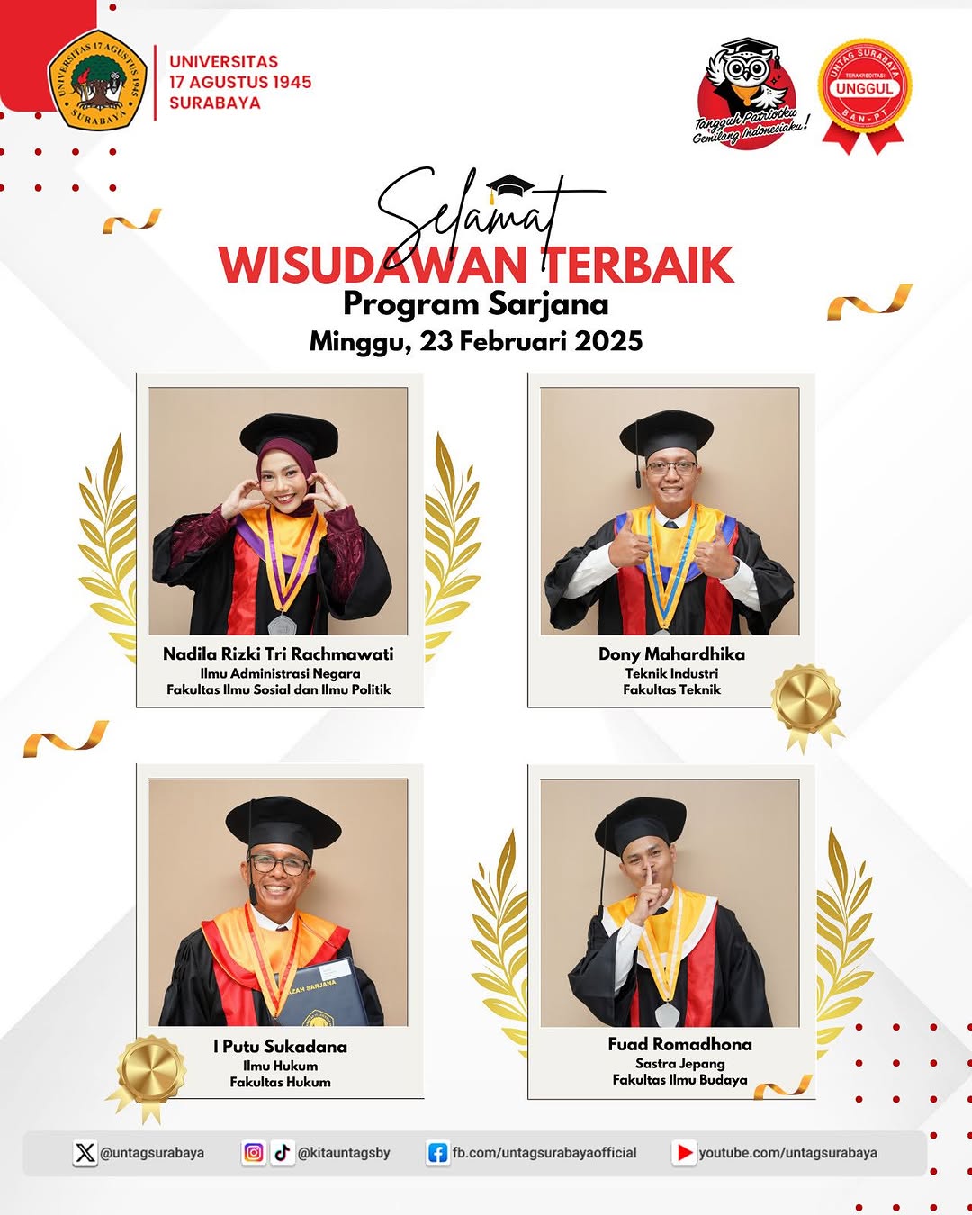 SALAH SATU MAHASISWA PRODI TEKNIK INDUSTRI UNTAG SURABAYA MENJADI LULUSAN TERBAIK PADA WISUDA KE 130