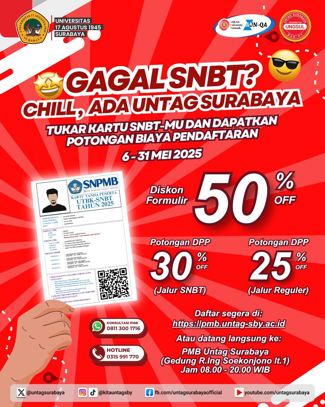 DISKON FORMULAR PENDAFTARAN HINGGA 50% DAN DPP HINGGA 30%  UNTAG SURABAYA
