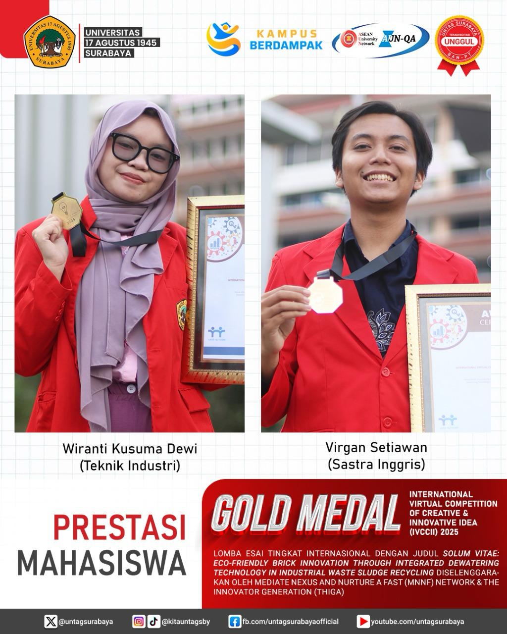 MAHASISWA UNTAG SURABAYA MERAIH GOLD MEDAL DI KOMPETISI INTERNATIONAL VIRTUAL COMPETITION OF CREATIVE DAN INNOVATIVE IDEA (IVCCII) 2025