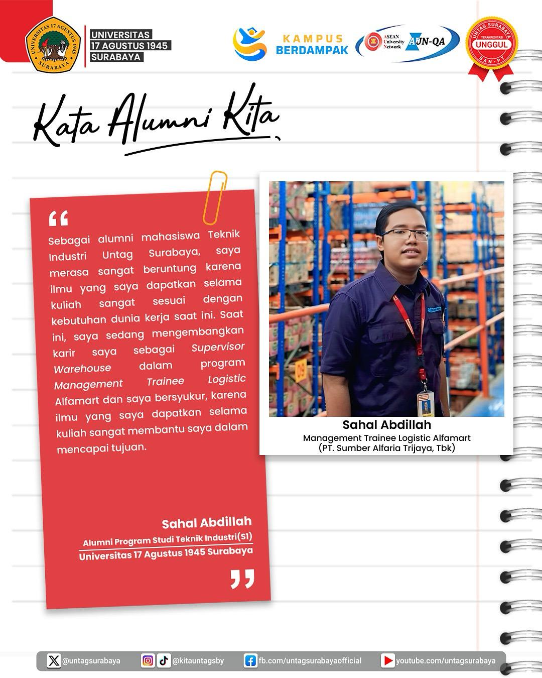 Alumni Prodi Teknik Industri Untag Surabaya - Sahal Abdillah dalam meniti karir di industri logistik