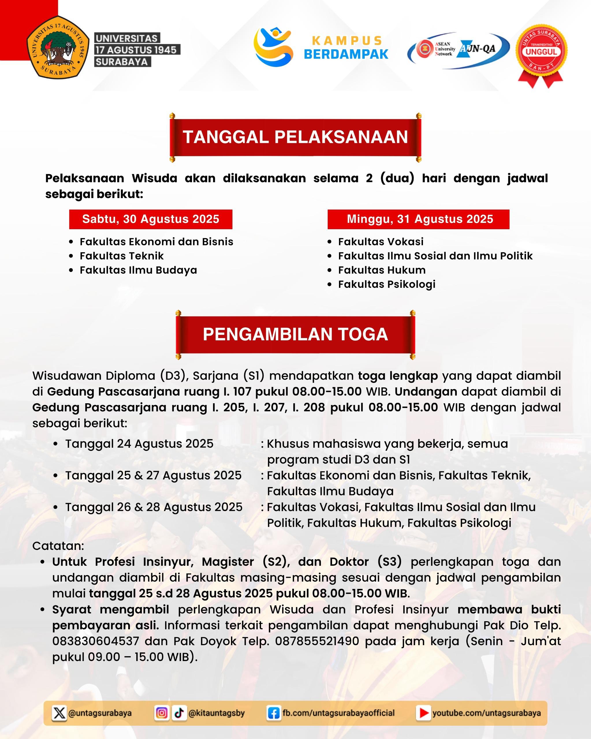 INFORMASI PELAKSANAAN WISUDA DAN PENGAMBILAN TOGA WISUDA PERIODE II TAHUN AKADEMIK 2024/2025