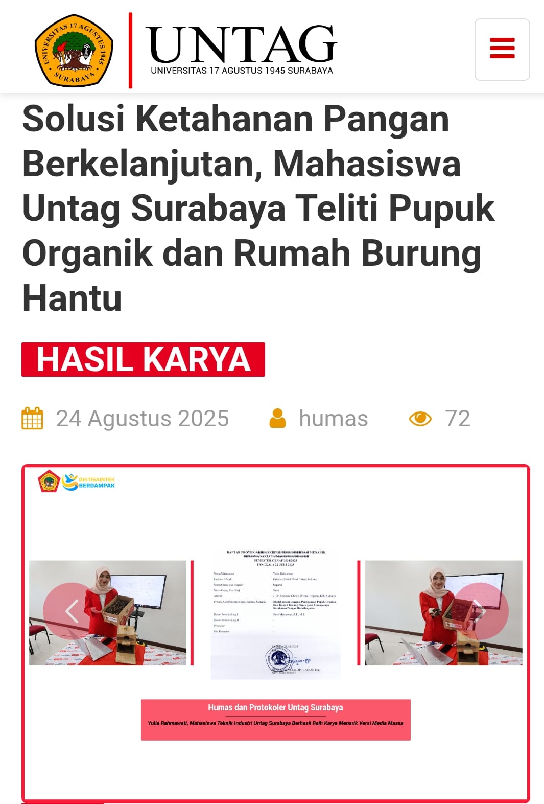 PADA WISUDA KE-131 SALAH SATU WISUDAWAN PRODI TEKNIK INDUSTRI MERAIH KARYA MENARIK VERSI MEDIA MASSA