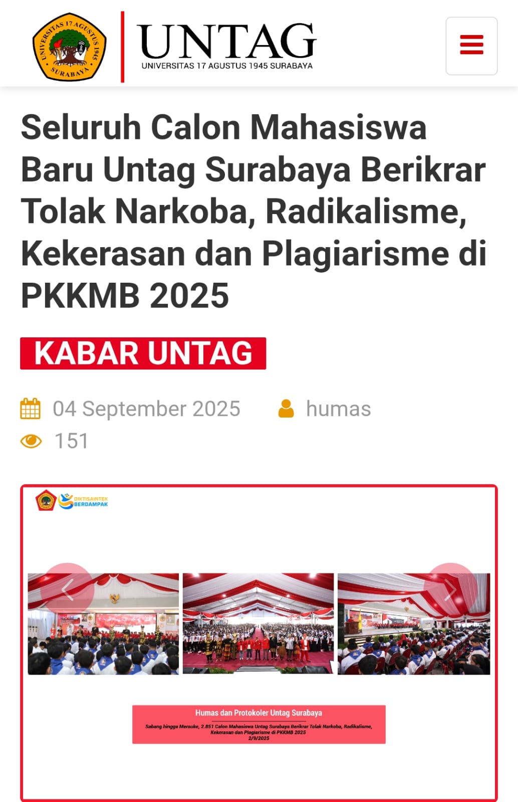 SELURUH CALON MAHASISWA BARU UNTAG SURABAYA BERIKRAR TOLAK NARKOBA, RADIKALISME, KEKERASAN DAN PLAGIARISME DI PKKMB 2025