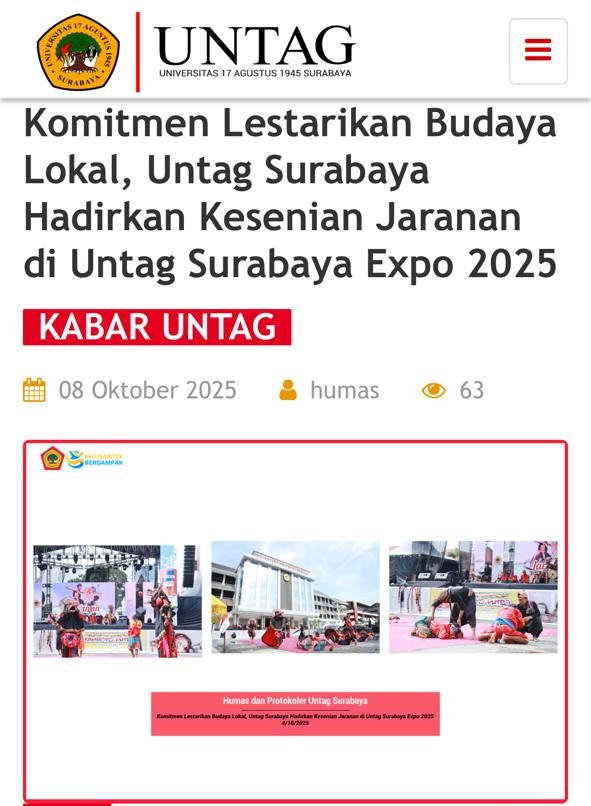 KOMITMEN LESTARIKAN BUDAYA LOKAL, UNTAG SURABAYA HADIRKAN KESENIAN JARANAN DI UNTAG SURABAYA EXPO 2025