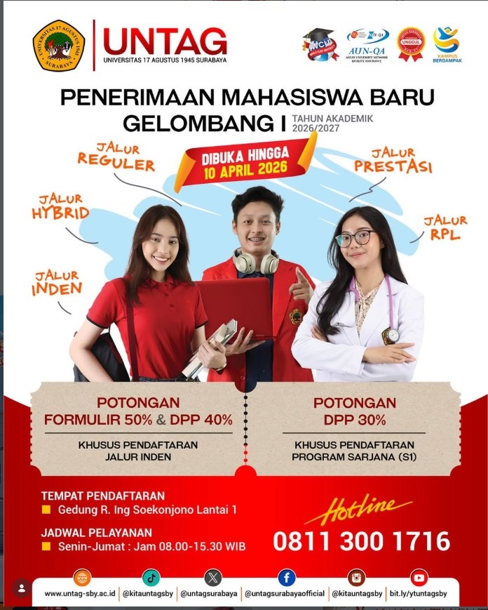 PENERIMAAN MAHASISWA BARU UNTAG SURABAYA GELOMBANG I TAHUN AKADEMIK 2026/2027 DIPERPANJANG
