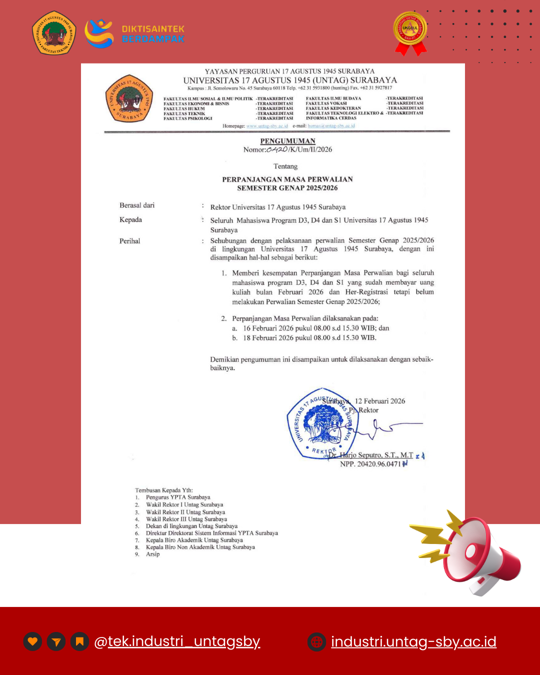 PENGUMUMAN PERPANJANGAN MASA PERWALIAN UNTAG SURABAYA SEMESTER GENAP 2025/2026